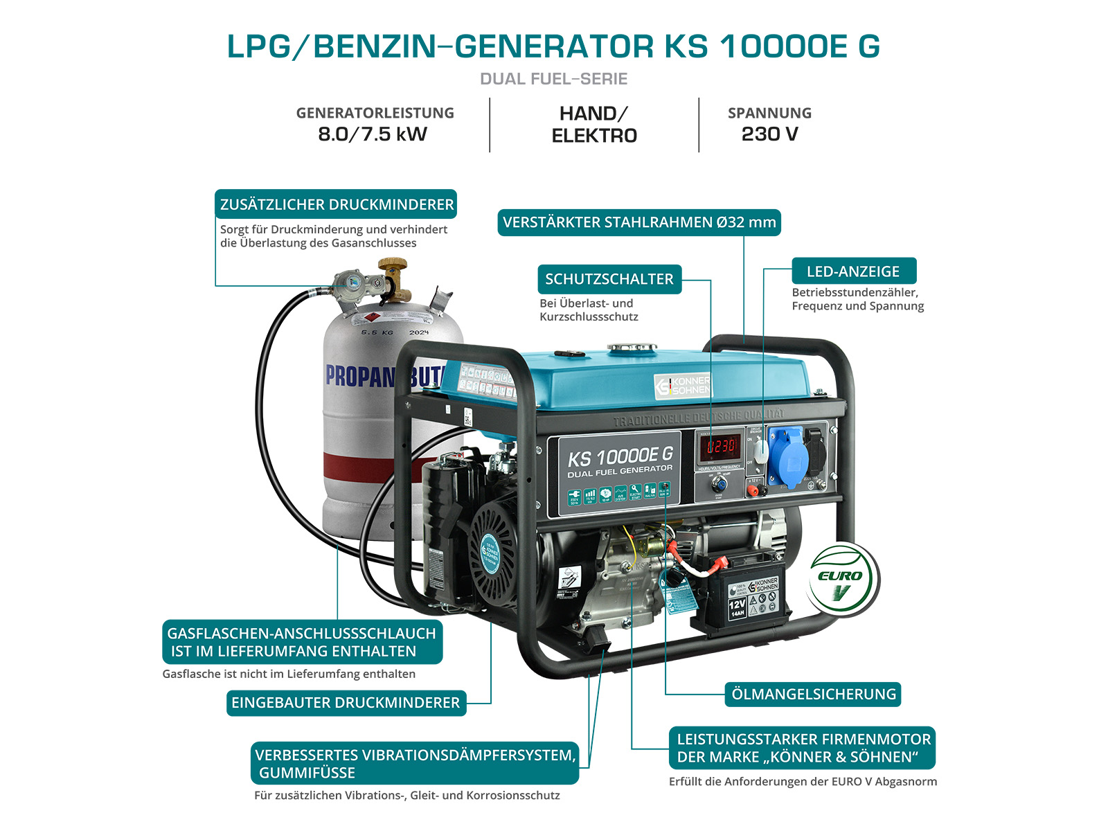 LPG/Benzin-Generator "Könner & Söhnen" KS 10000E G