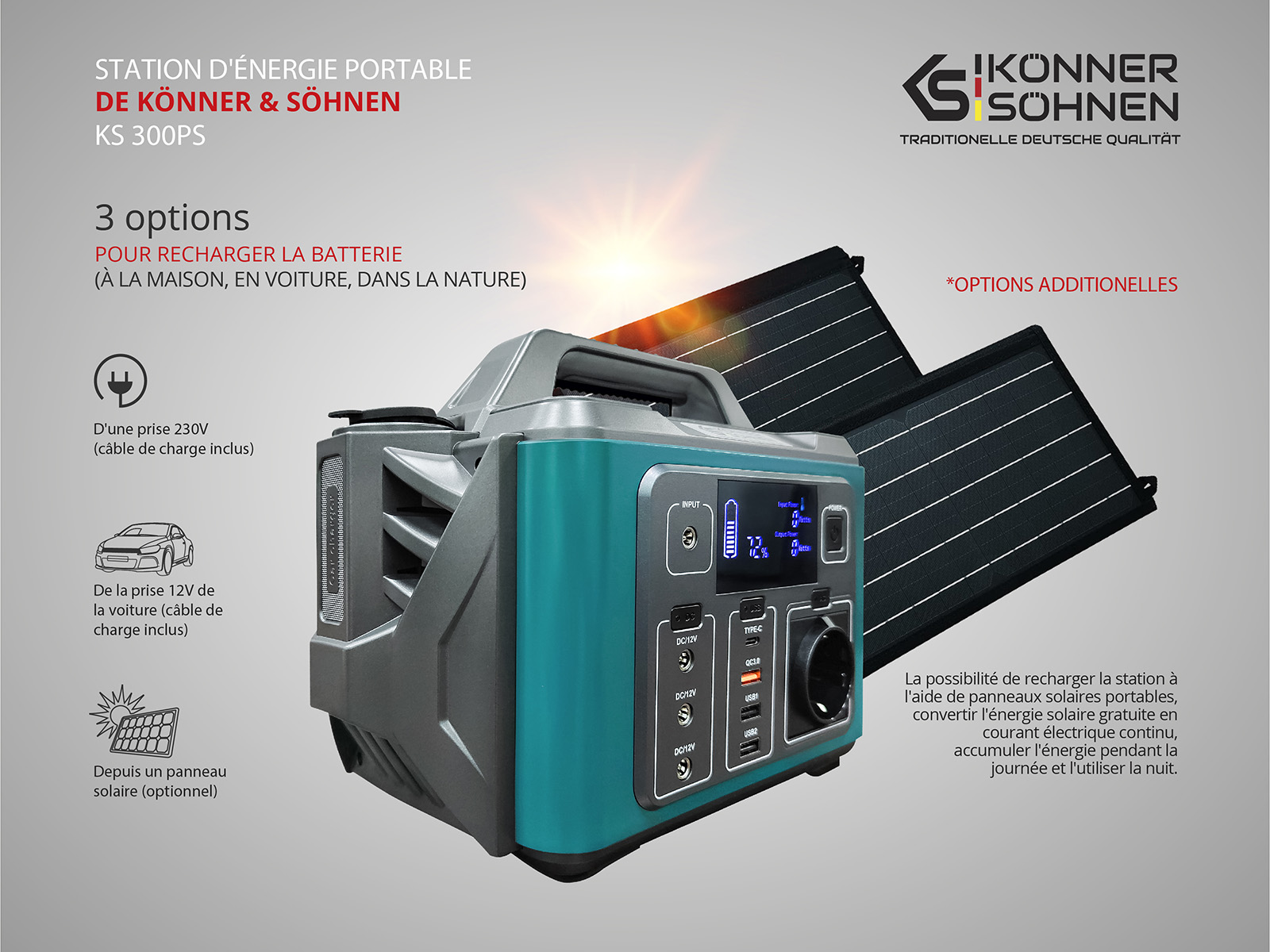 Centrale électrique portable KS 300PS nominale 300 W, puissance de crête  600 W, batterie 296 Wh 300000 mAh - Cdiscount Bricolage